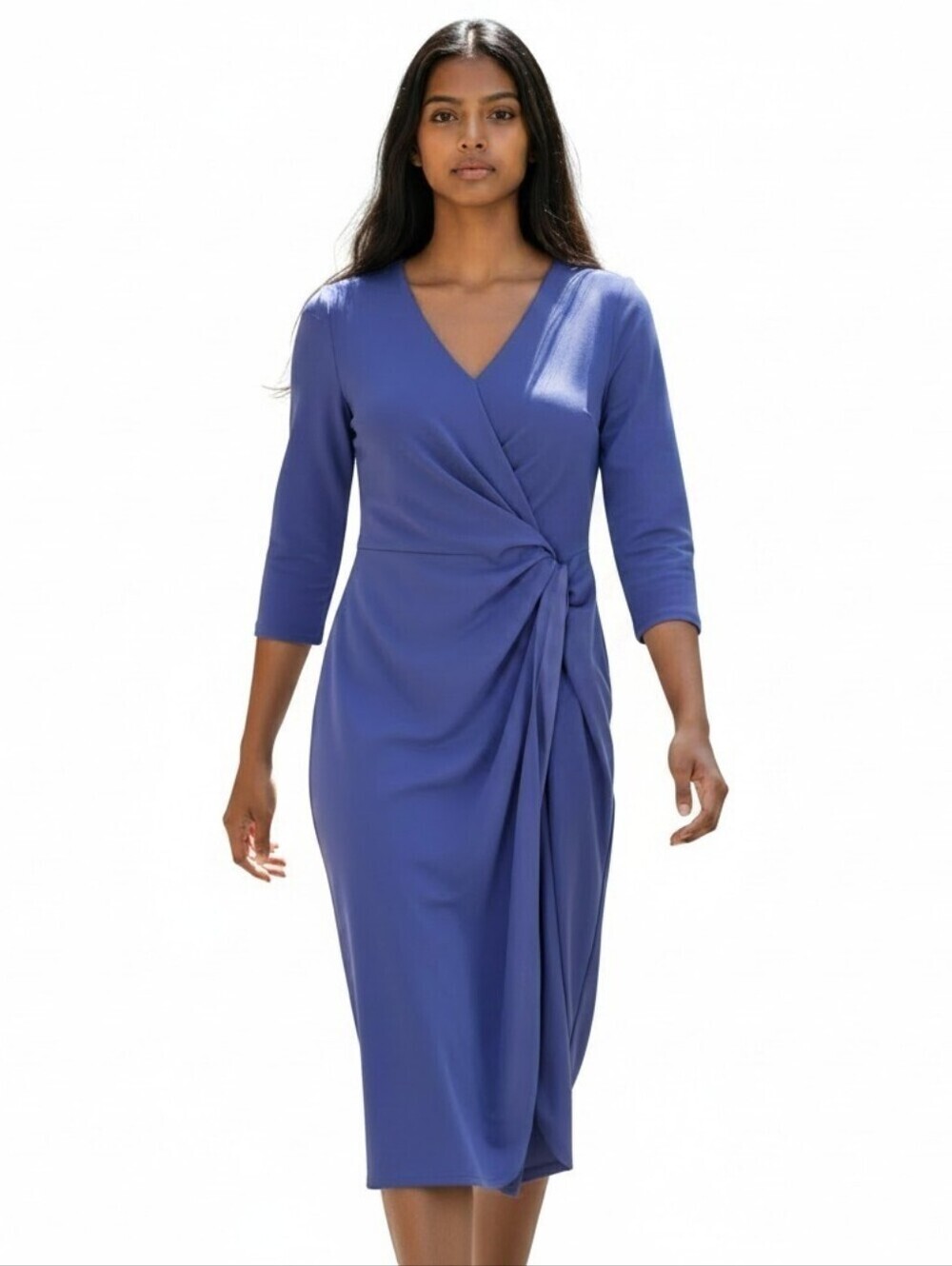 Tahari ASL Faux Wrap Midi Dress Size 2 Blue Ruched 3/4 Sleeve Knotted Side Lined